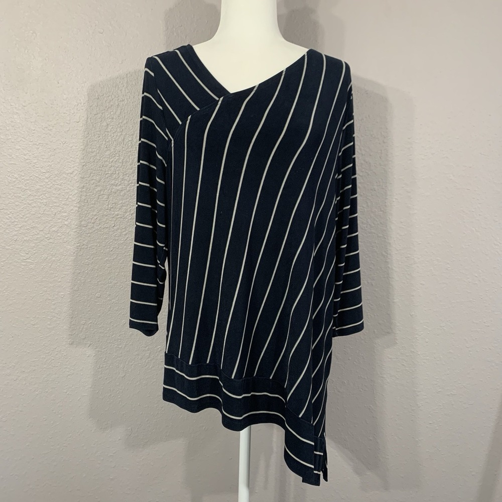 Chicos‎ Travelers Asymmetric Tunic Size 3 US XL Blue White Stripe Slinky Knit
